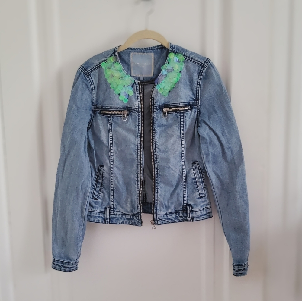 Silvian Heach Sequined Collarless Denim  Jacket XS